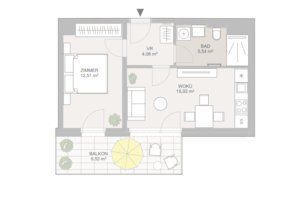 Grundriss einer Wohnung mit einem Schlafzimmer, offenem Wohnbereich, Bad und Balkon.
