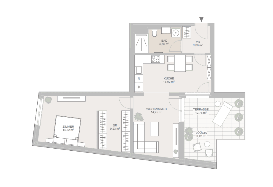 Grundriss einer Wohnung mit offenem Wohnbereich, Schlafzimmer, Bad, Terrasse und Loggia.