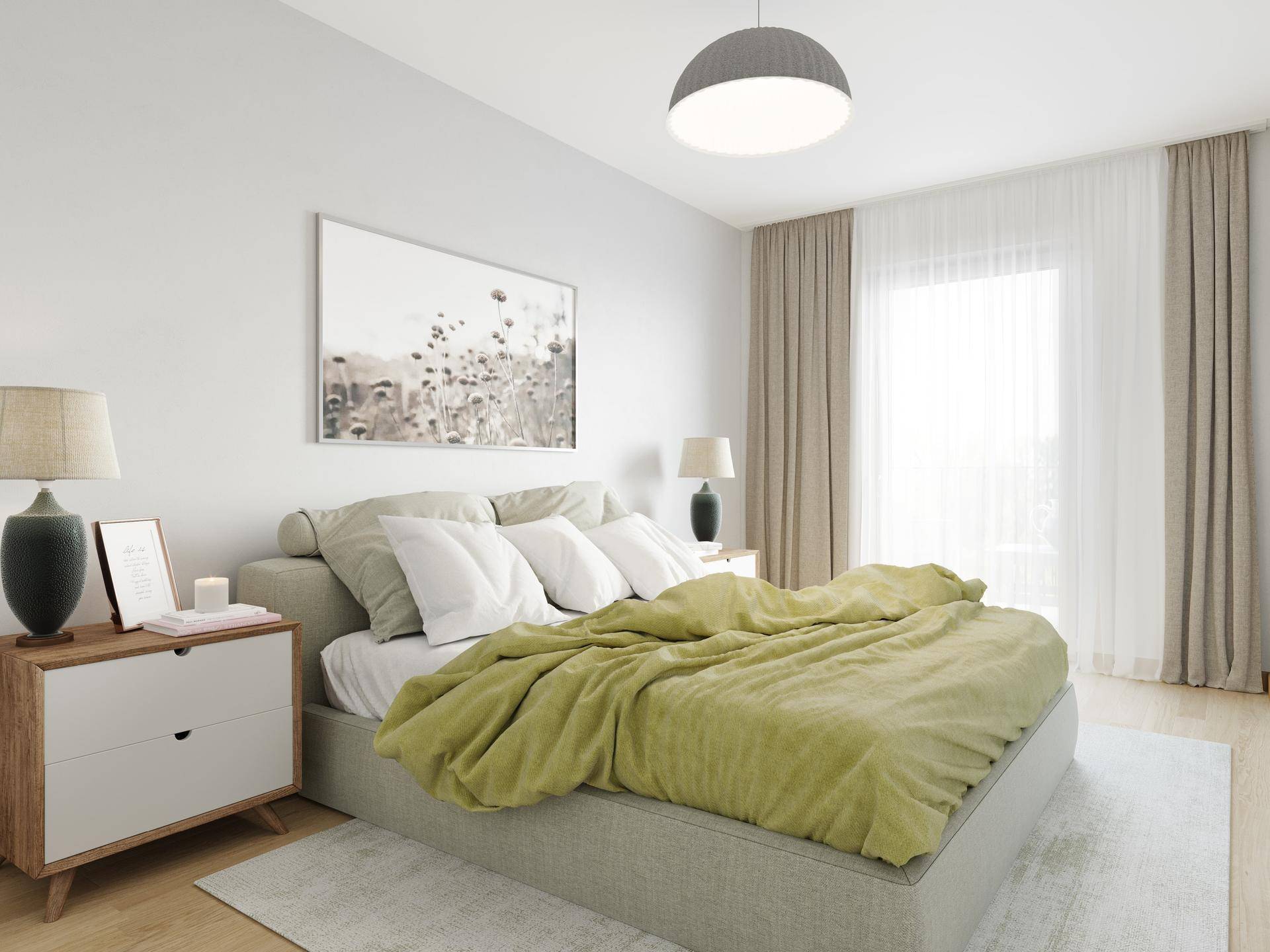 Helles Schlafzimmer mit großem Bett, Nachttischen und Zugang zu einem Balkon oder einer Terrasse.