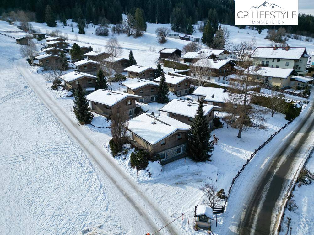 Vogelperspektive auf eine Gruppe von traditionellen Chalets, eingebettet in eine winterliche Landschaft mit Wald und Wegen.