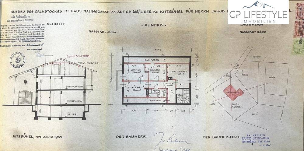 Historischer Grundriss und Schnittzeichnung eines Hauses mit Dachbodenausbau aus dem Jahr 1965.