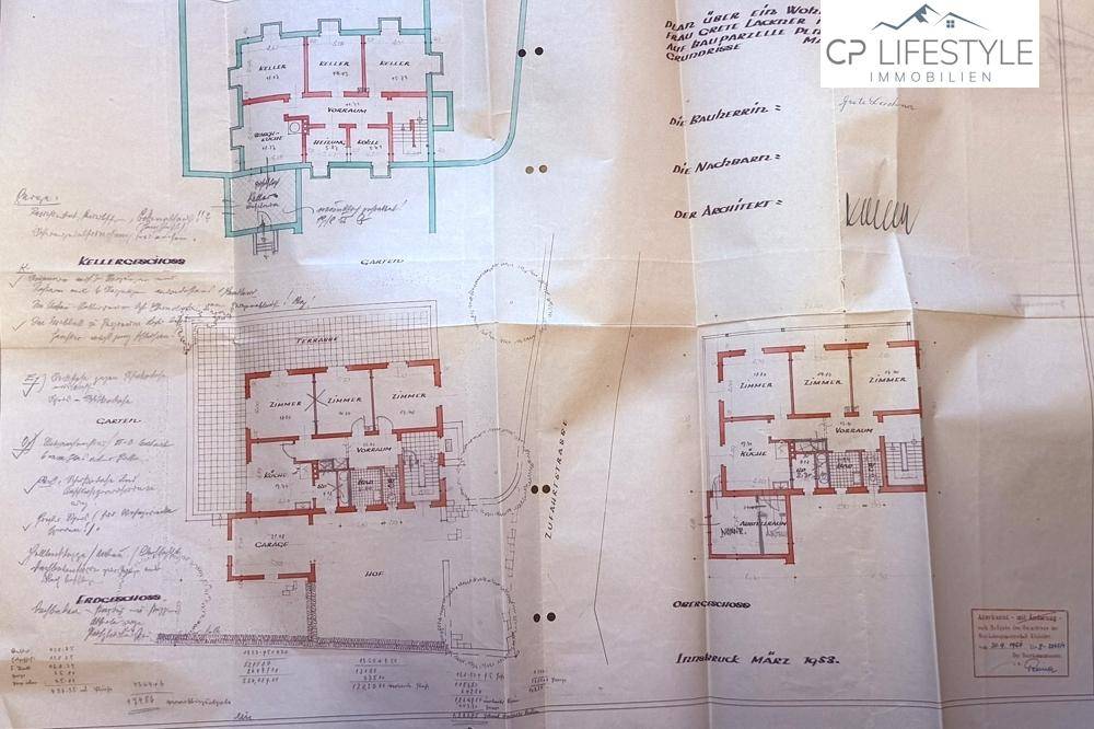 Historischer Grundrissplan eines Hauses, der Keller-, Erd- und Obergeschoss mit Zimmeraufteilung zeigt.