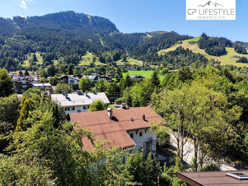 Weitläufige Luftaufnahme eines Hauses inmitten dichter Bäume mit einem beeindruckenden Bergpanorama.