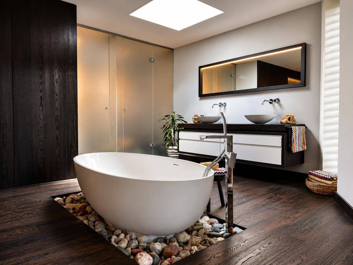 Luxuriöses Badezimmer mit freistehender Badewanne auf Kieselsteinen, Doppelwaschbecken und Oberlicht.