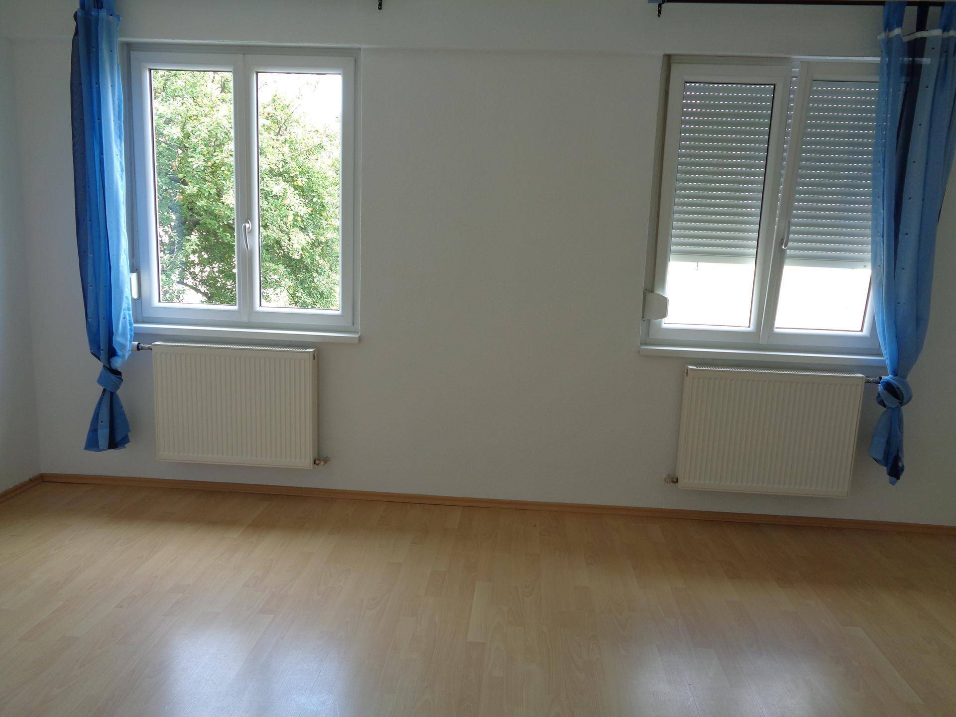 Leerer Raum mit Laminatboden, weißen Wänden und zwei Fenstern, eines davon mit Rollladen.