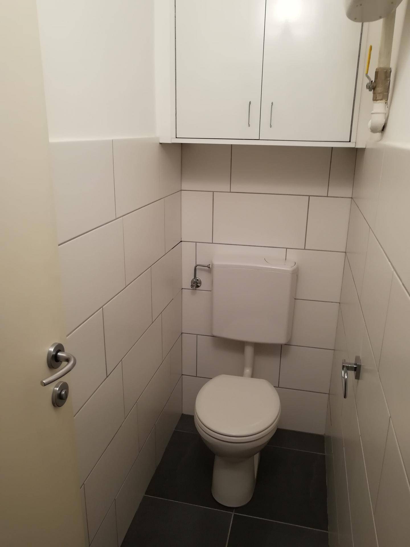 Kleines Gäste-WC mit weißen Fliesen und wandmontiertem Spülkasten.