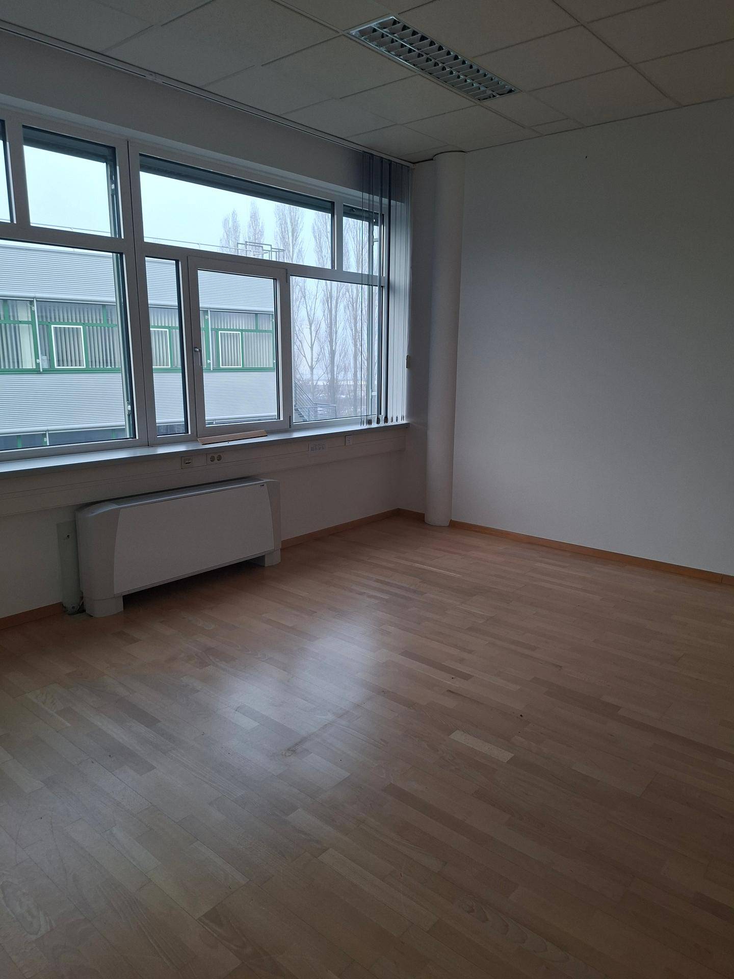 Geräumiger Büroraum mit Laminatboden, großen Fenstern und Blick auf umliegende Gebäude.