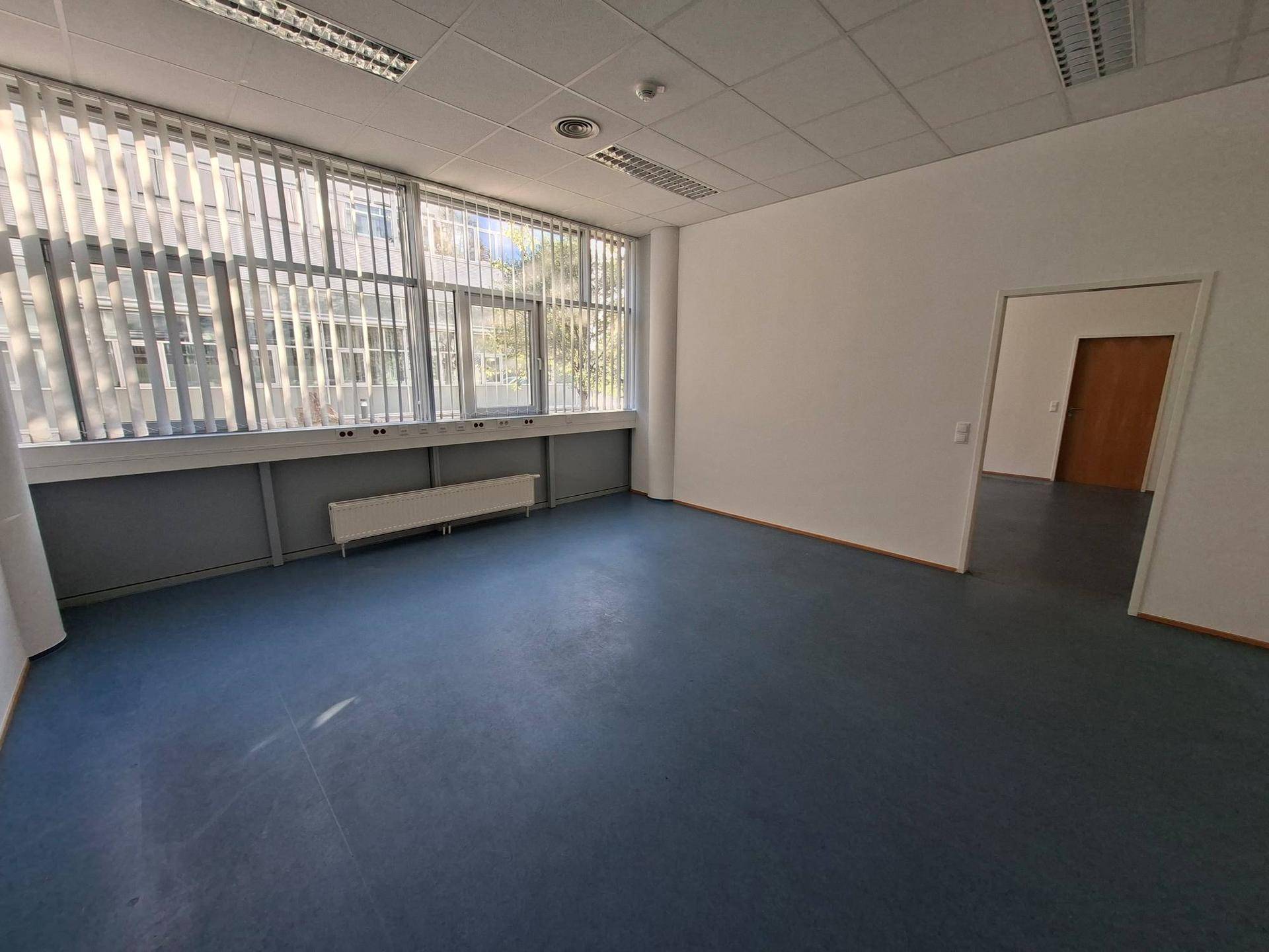 Leerer Büroraum mit blauen Bodenfliesen, großen Fenstern und einer geschlossenen Holztür.