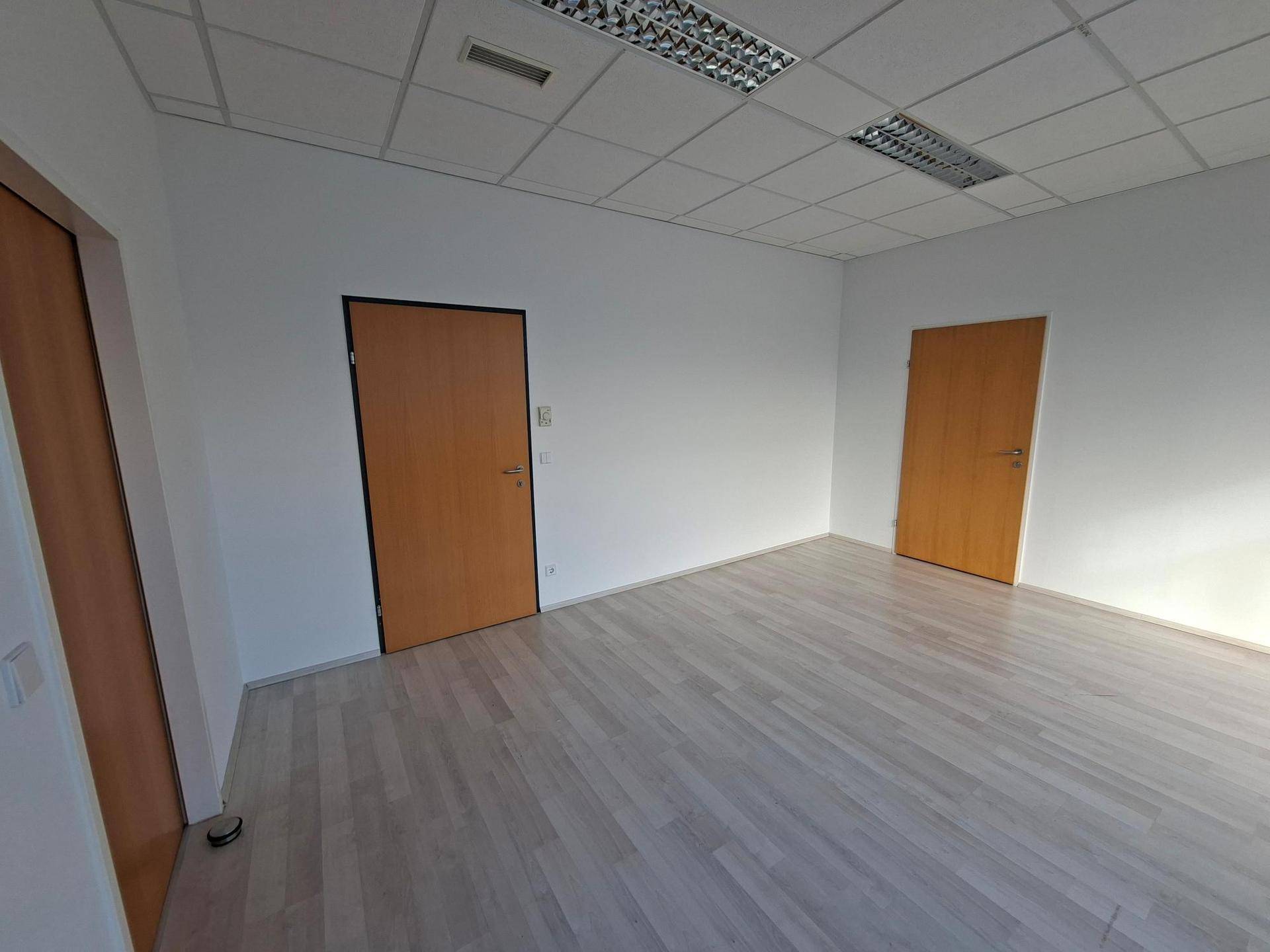 Heller, leerer Raum mit zwei Holztüren, weiß gestrichenen Wänden und hellem Laminatboden unter einer Rasterdecke.