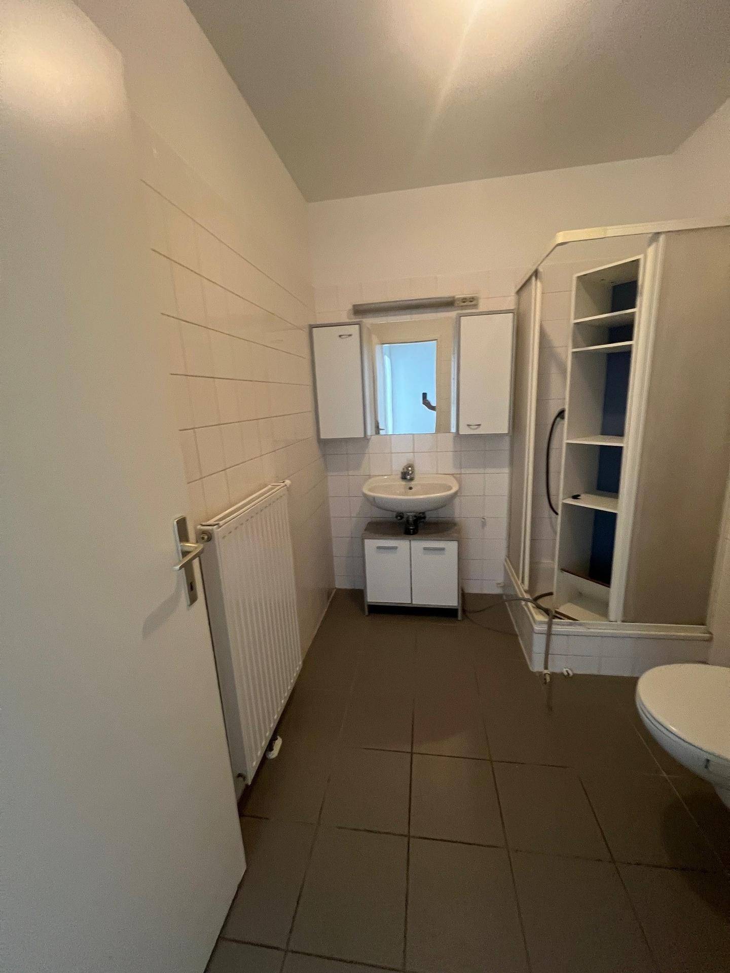 Badezimmer mit weißen Fliesen, Waschbecken, Duschkabine und Toilette, ausgestattet mit einem Heizkörper.