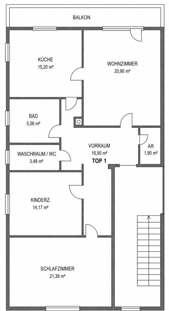 Detaillierter Grundriss der Wohnung mit Raumaufteilung und Balkon.