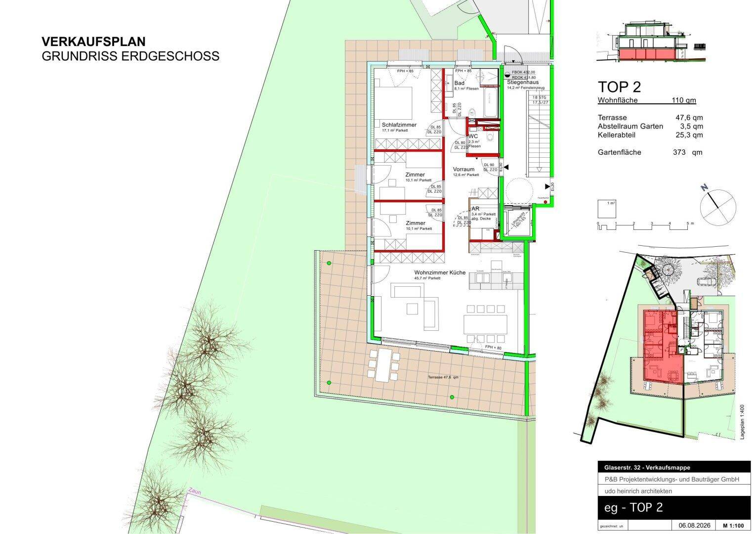 Detaillierter Verkaufsplan des Erdgeschosses mit Terrasse, Garten und drei Schlafzimmern.