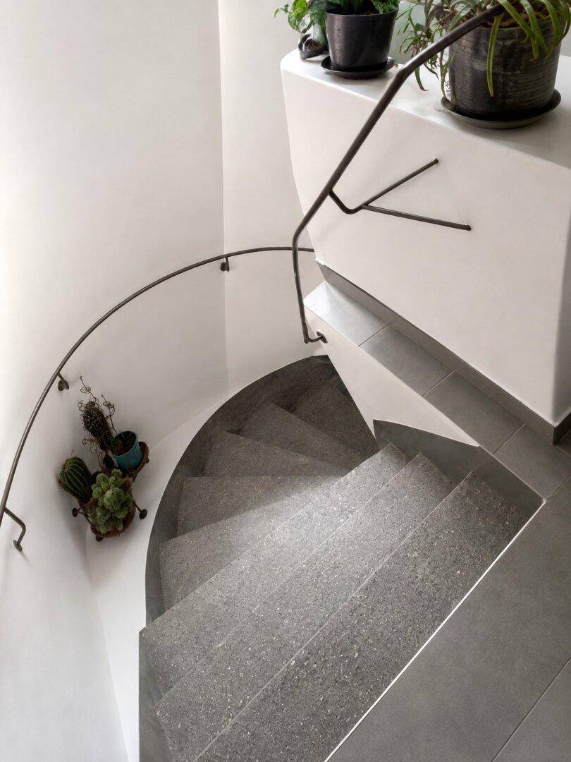 Moderne, geschwungene Treppe mit minimalistischem Geländer und Topfpflanzen als Dekoration.