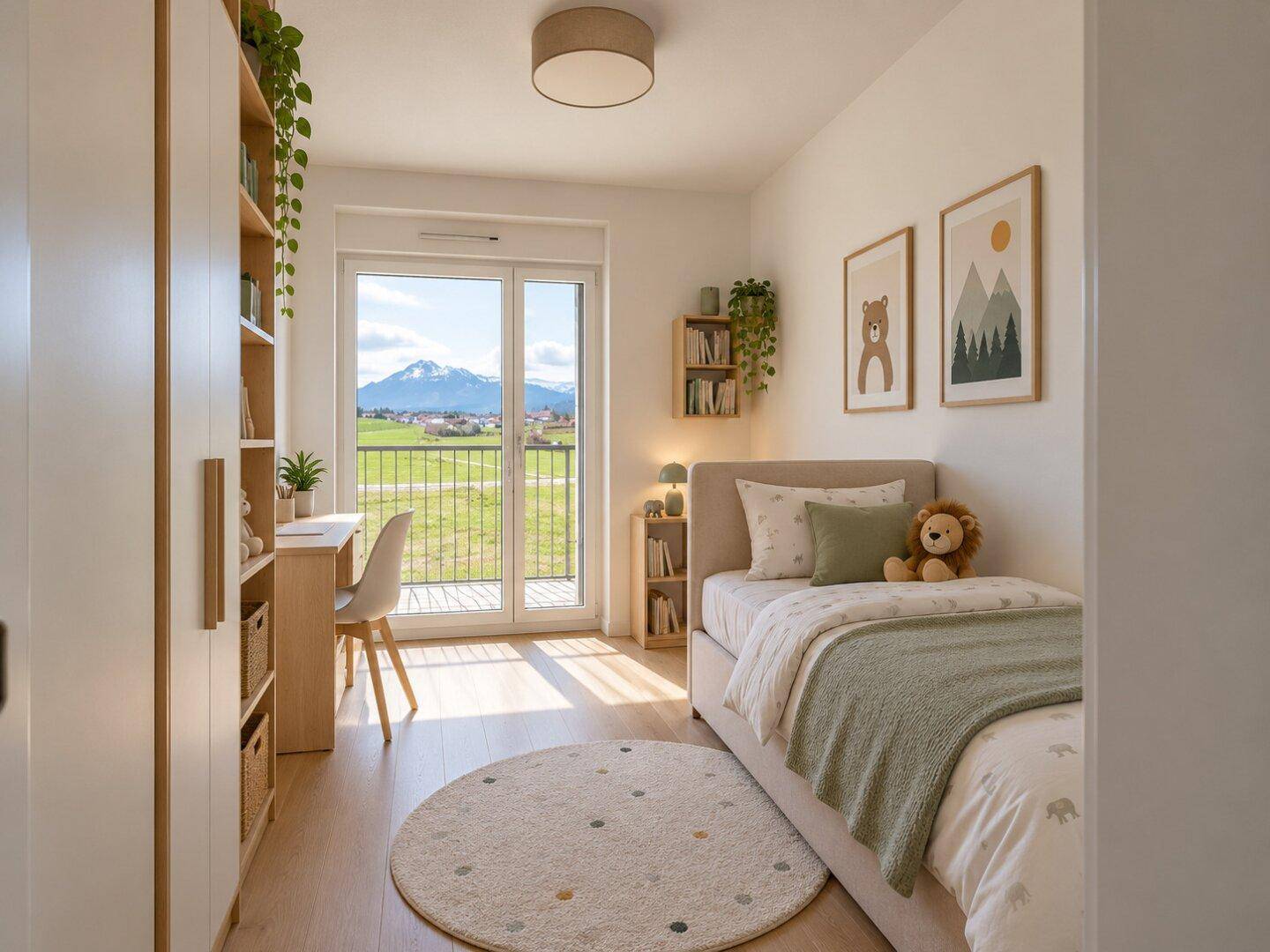 Helles Kinderzimmer mit Schreibtisch, Einzelbett und Balkonzugang mit Bergblick.