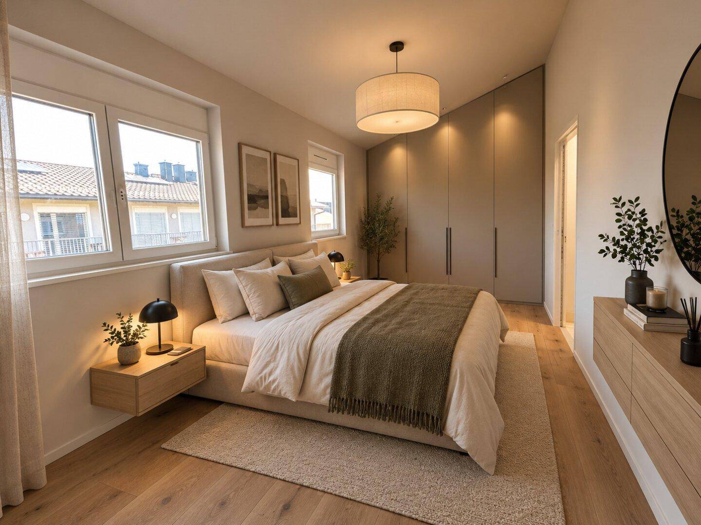 Geräumiges Schlafzimmer mit großem Bett, Einbauschränken und natürlichem Lichteinfall.