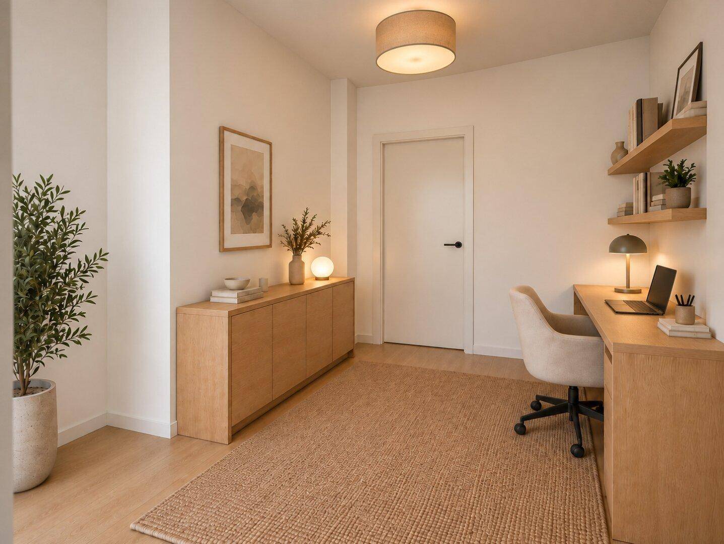 Helles Büro mit Holzschreibtisch, bequemen Stuhl und einem Teppich für eine gemütliche Atmosphäre.