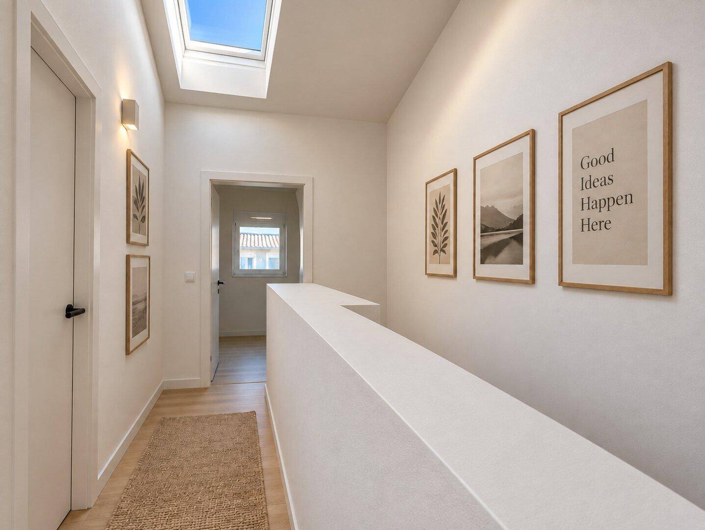Heller Flur mit Dachfenster, der viel natürliches Licht hereinlässt und moderne Kunstwerke zeigt.