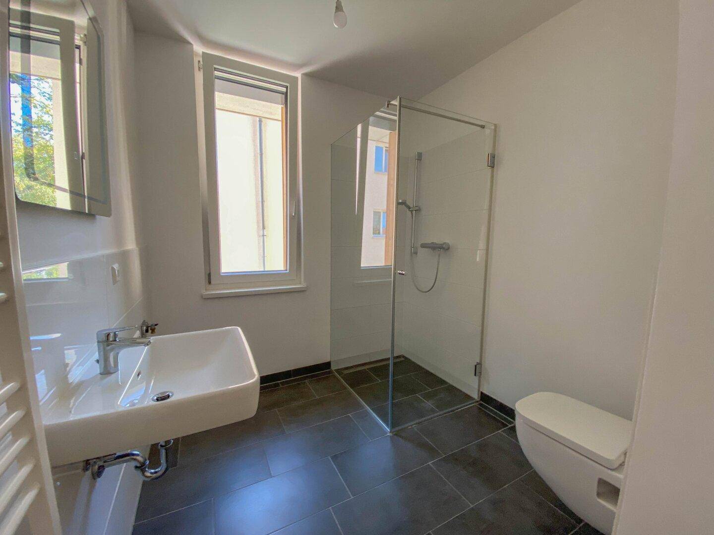 Modernes Badezimmer mit dunklen Fliesen, ebenerdiger Dusche, Waschbecken und Fenster.