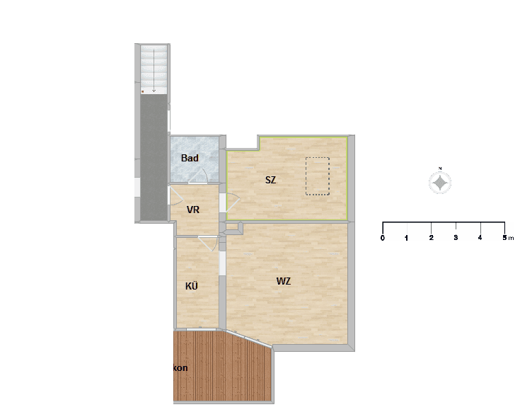 Grundriss einer Wohnung mit Balkon, Schlafzimmer, Bad und offenem Wohnbereich.