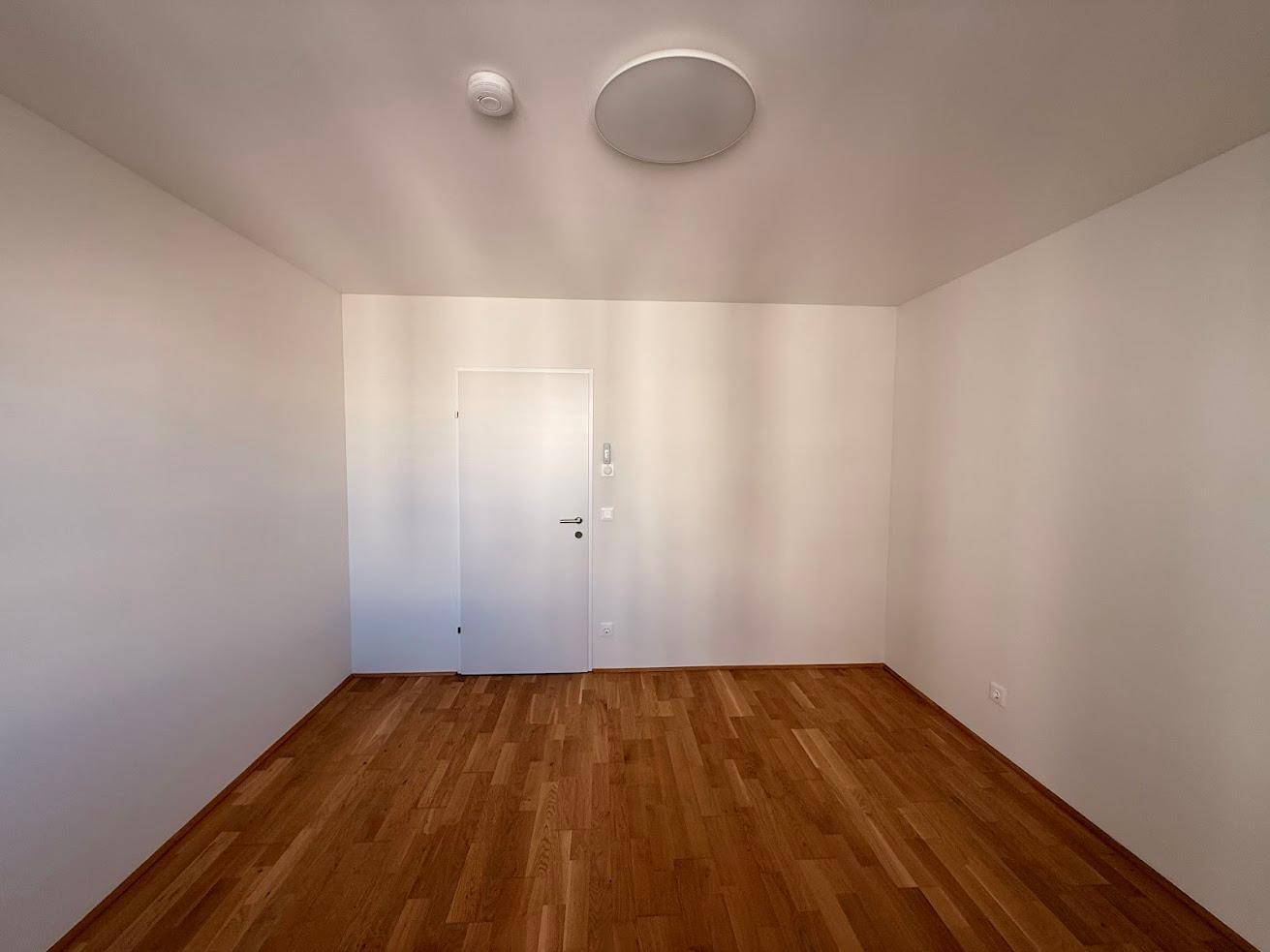 Leeres Zimmer mit Parkettboden und weißer Tür, bereit zur individuellen Gestaltung.