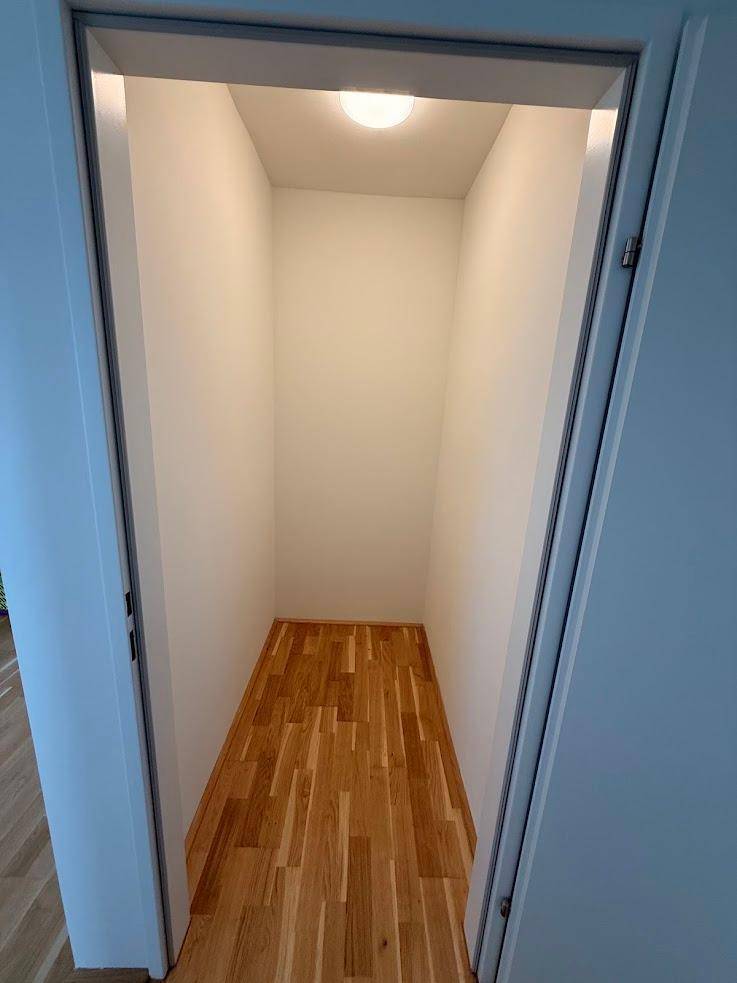 Praktischer Abstellraum mit Parkettboden, ideal für zusätzlichen Stauraum.