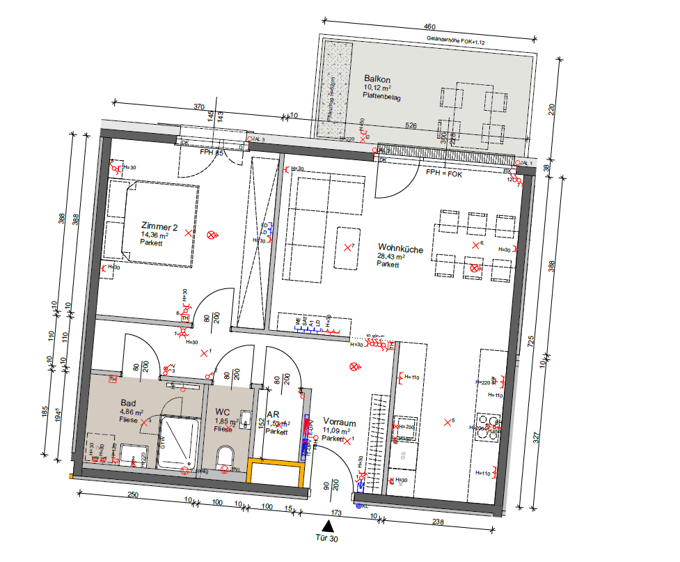 Grundriss einer Wohnung mit zwei Zimmern, Wohnküche, Bad, WC und einem Balkon von 10,12 m².