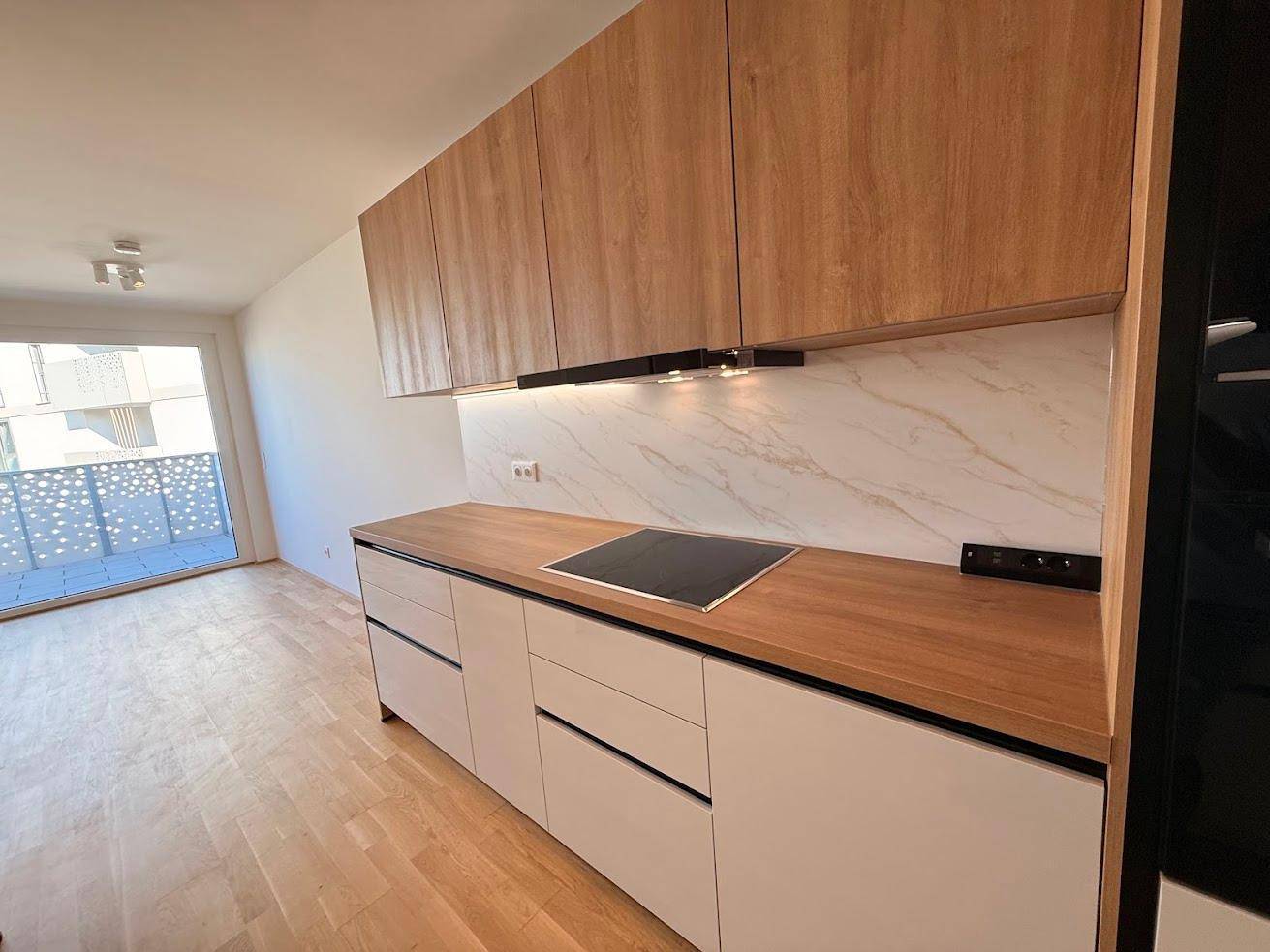 Moderne Küche mit Induktionskochfeld, Dunstabzugshaube und Holz-Arbeitsplatte.