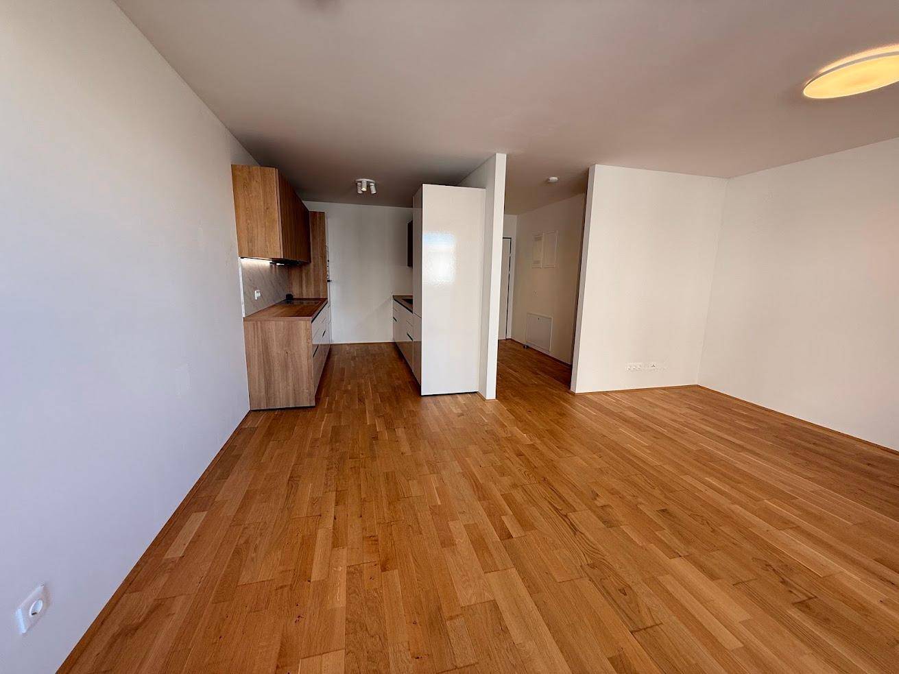Offener Wohnbereich mit Holzboden und integrierter Küchenzeile in modernem Design.