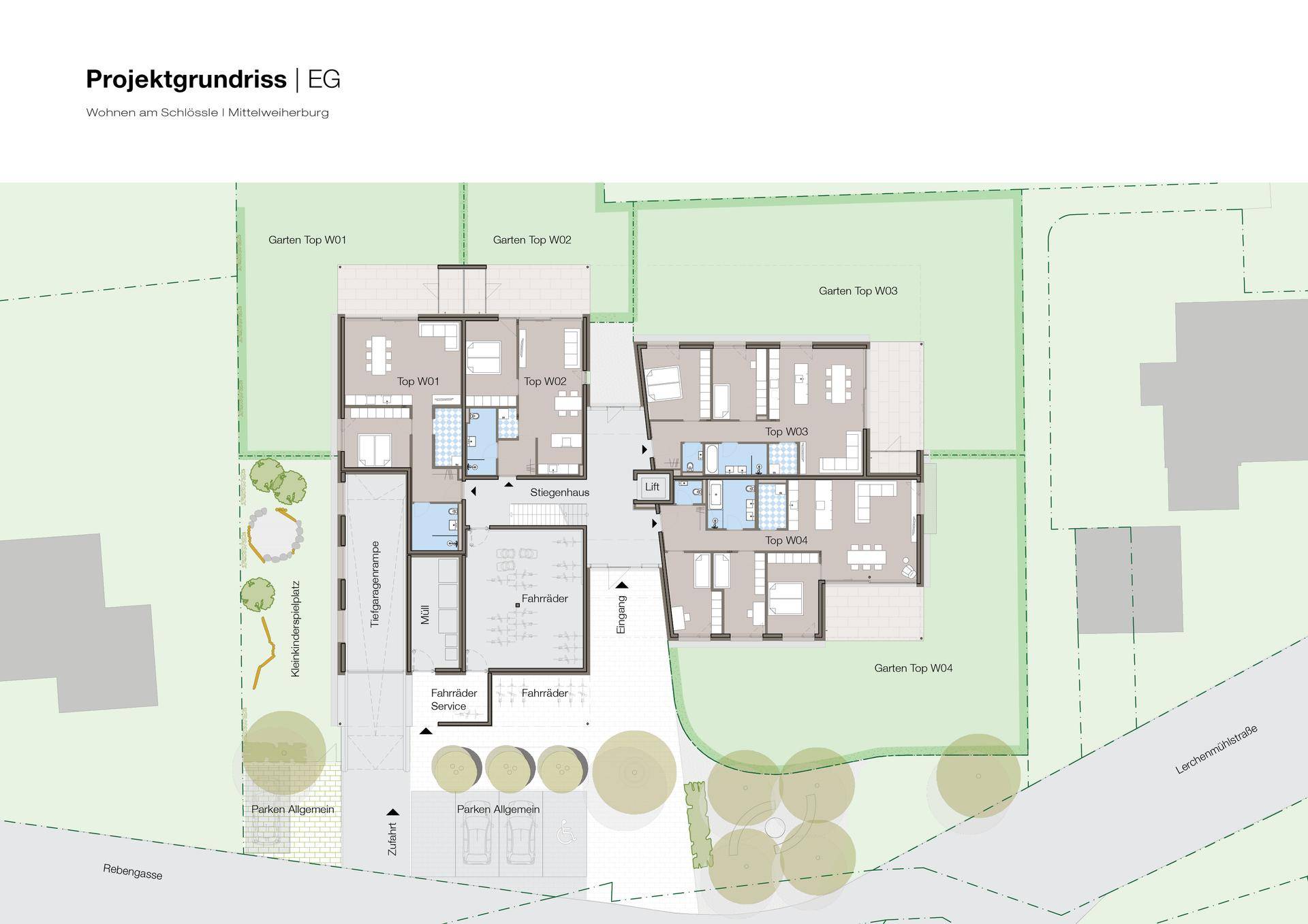 Projektgrundriss des Erdgeschosses mit mehreren Wohneinheiten und Gartenbereichen.
