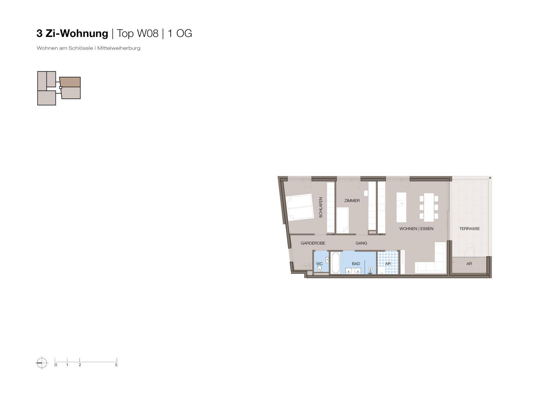 Grundriss einer 3-Zimmer-Wohnung im ersten Obergeschoss mit offenem Wohn-Essbereich und Terrasse.
