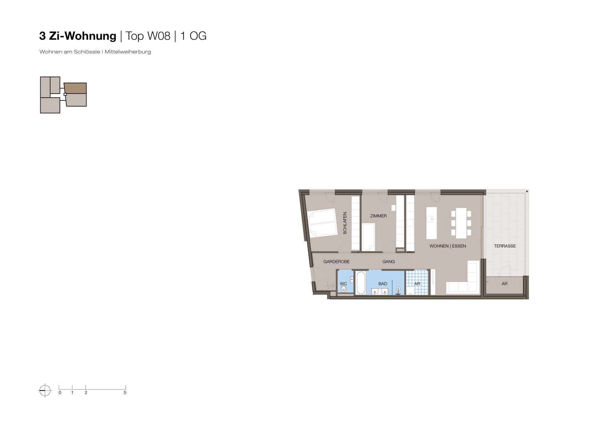 Grundriss einer 3-Zimmer-Wohnung im ersten Obergeschoss mit offenem Wohn-Essbereich und Terrasse.