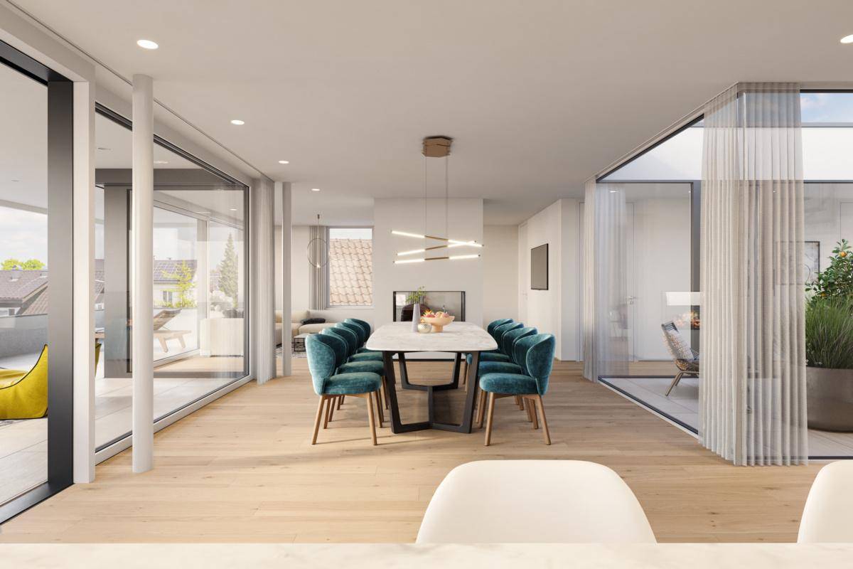 Eleganter Essbereich mit großem Esstisch, modernen Leuchten und Zugang zur Terrasse.