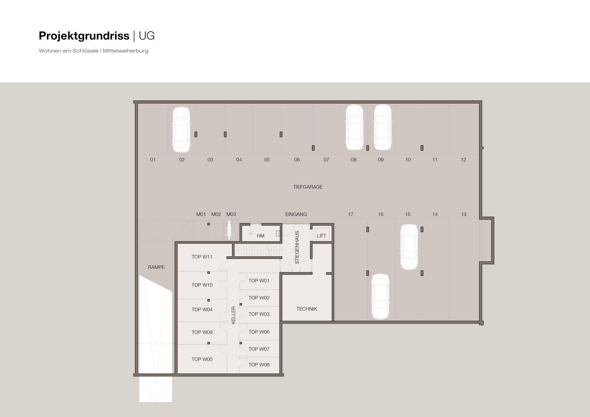 Projektgrundriss des Untergeschosses mit Tiefgarage, Kellerräumen und Aufzug.