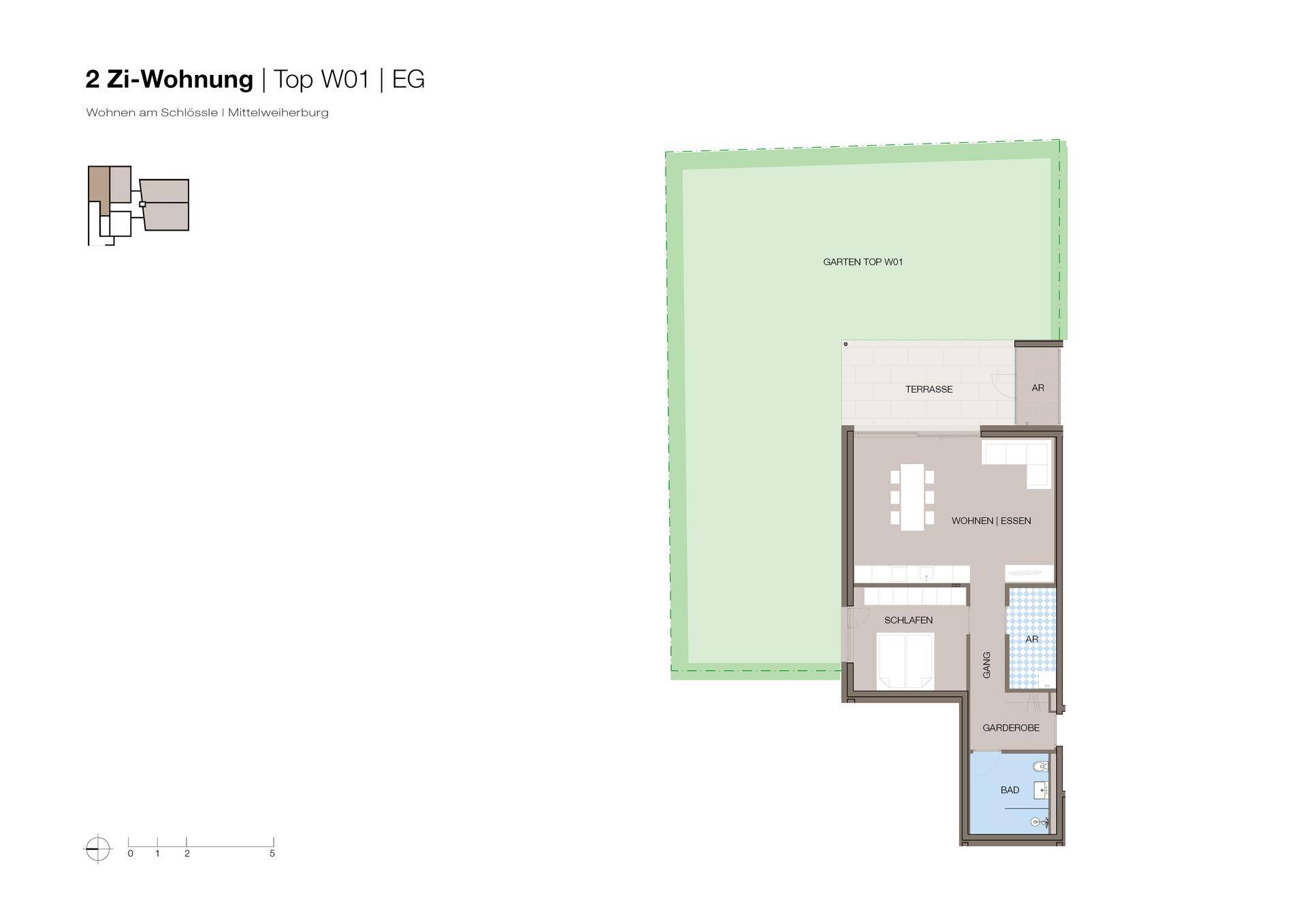 Grundriss einer 2-Zimmer-Wohnung im Erdgeschoss mit Terrasse und eigenem Gartenbereich.