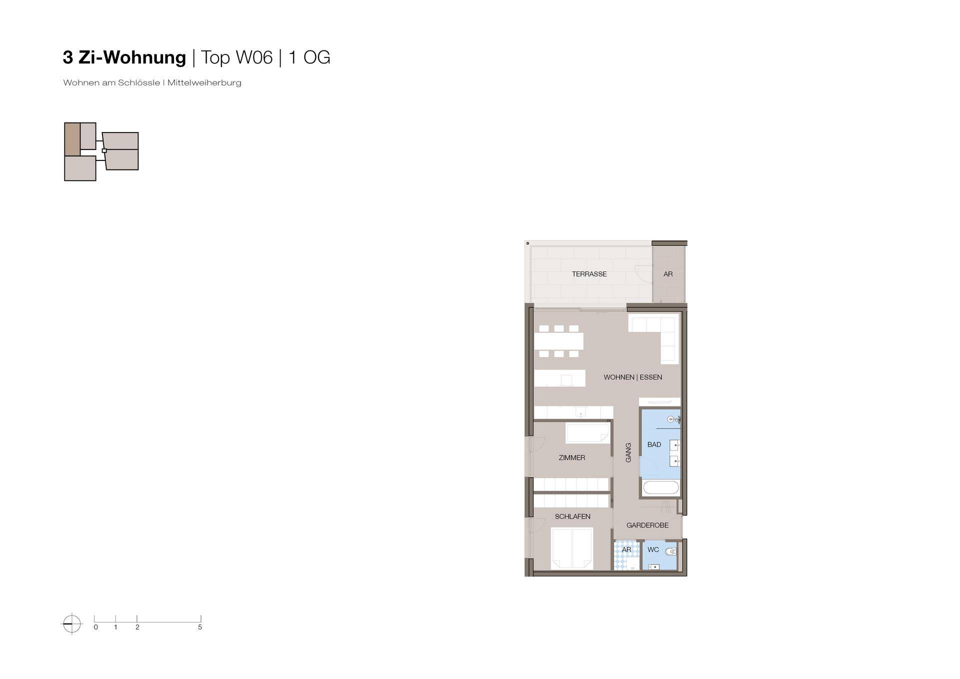 Grundriss einer 3-Zimmer-Wohnung im ersten Obergeschoss mit Terrasse und offenem Wohnbereich.