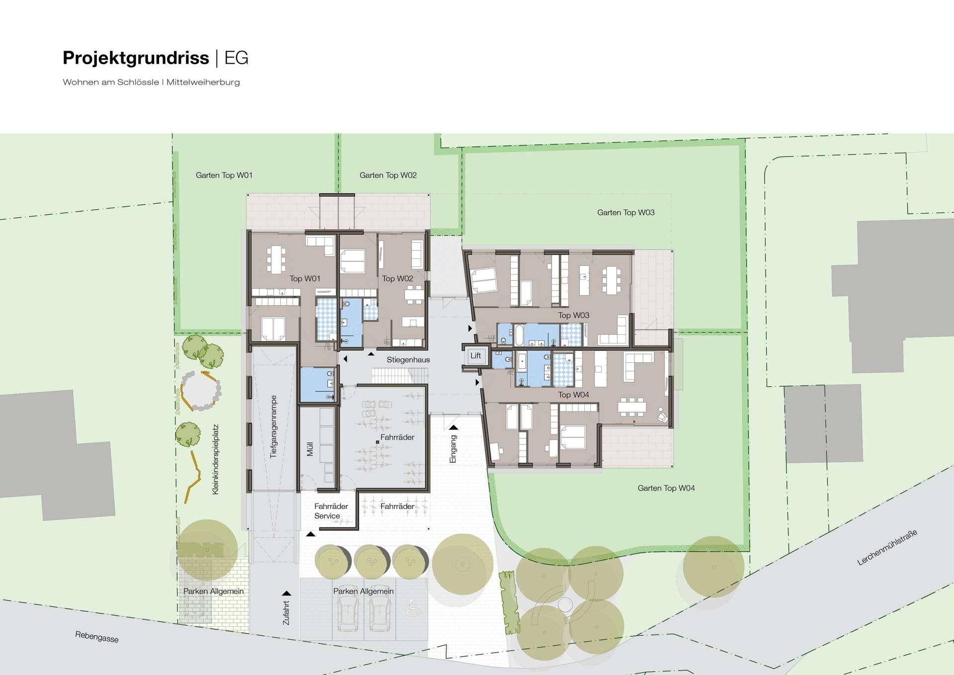 Projektgrundriss des Erdgeschosses mit mehreren Wohnungen, Gärten und Tiefgaragenzugang.