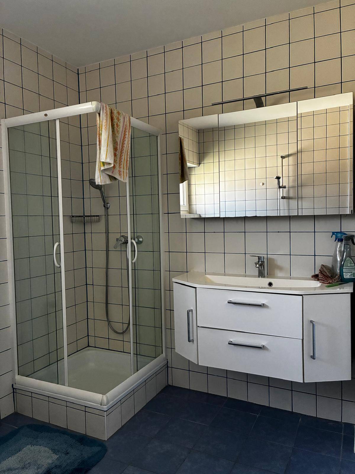 Badezimmer mit Duschkabine, weißen Wandfliesen, blauen Bodenfliesen und einem Waschbeckenunterschrank.