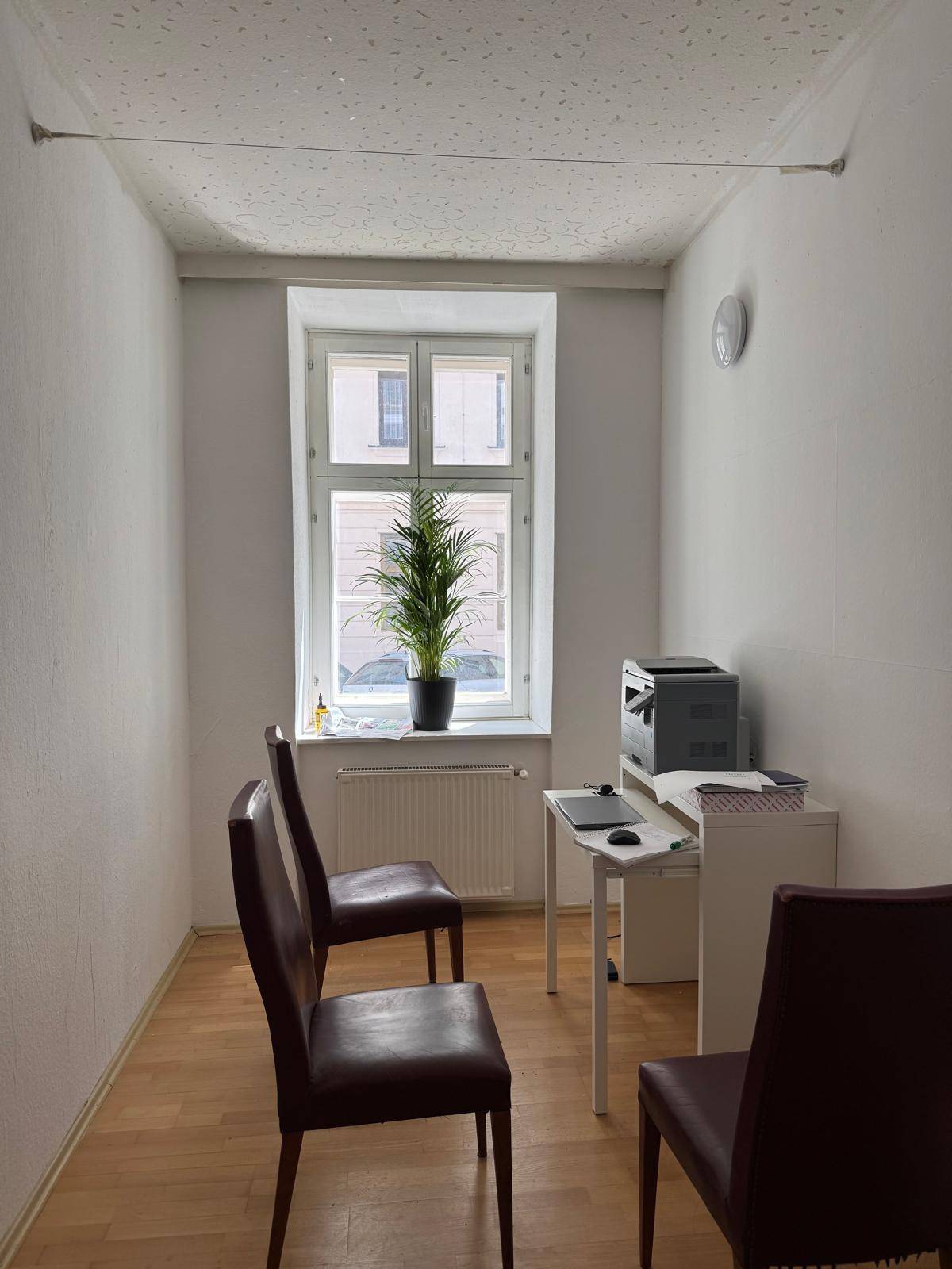 Kleines Büro oder Arbeitszimmer mit Schreibtisch, Drucker und Stühlen, hell durch ein Fenster.