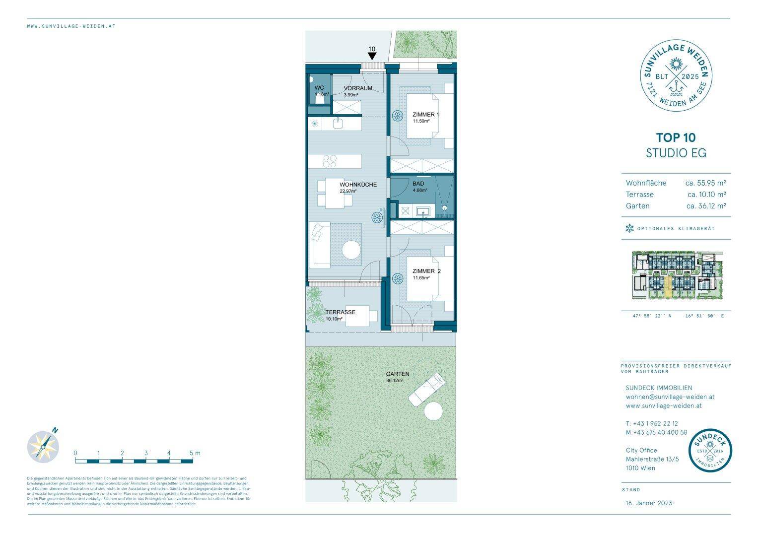 Grundriss für ein Studio-Apartment im Erdgeschoss mit Terrasse, Garten und offenem Wohnbereich.