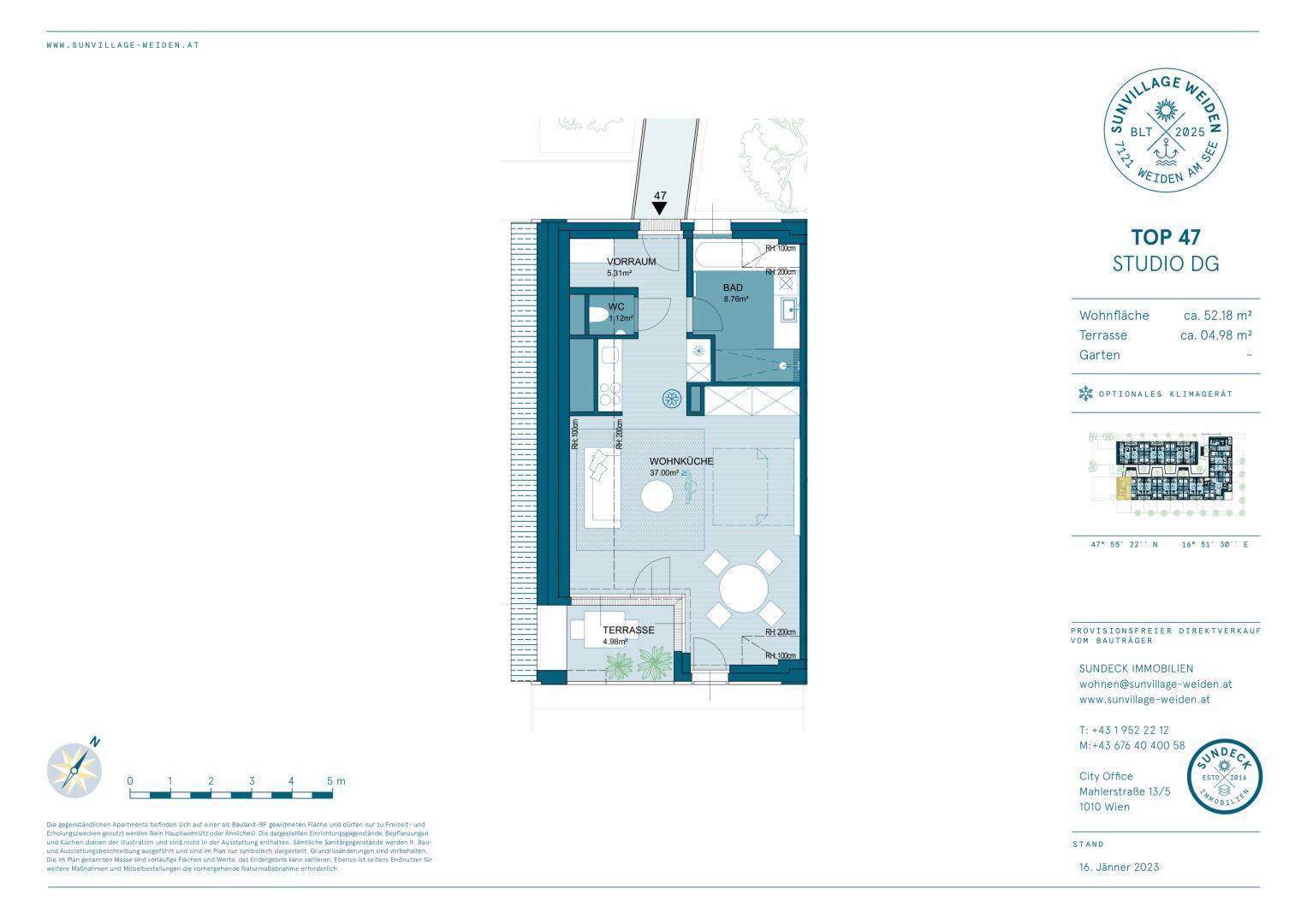 Grundriss für Studio-Dachgeschosswohnung Top 47 mit Terrasse und Wohnküche.