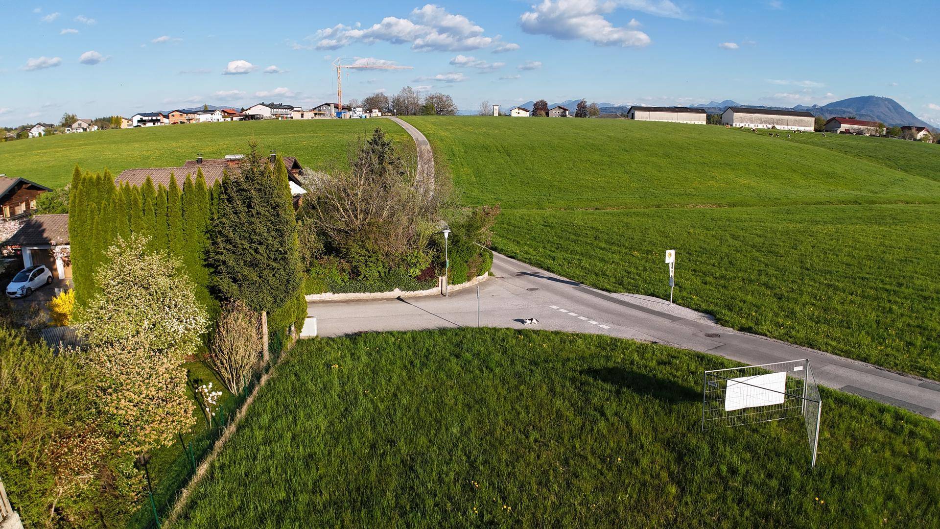 Ländliche Straße mit angrenzenden Grünflächen und Häusern, umgeben von sanften Hügeln.