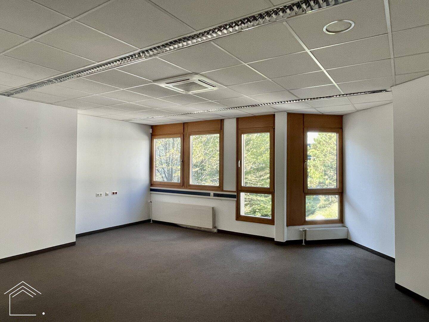 Helle Büroecke mit Teppichboden, Holzfenstern und Heizkörpern, bietet viel Tageslicht.
