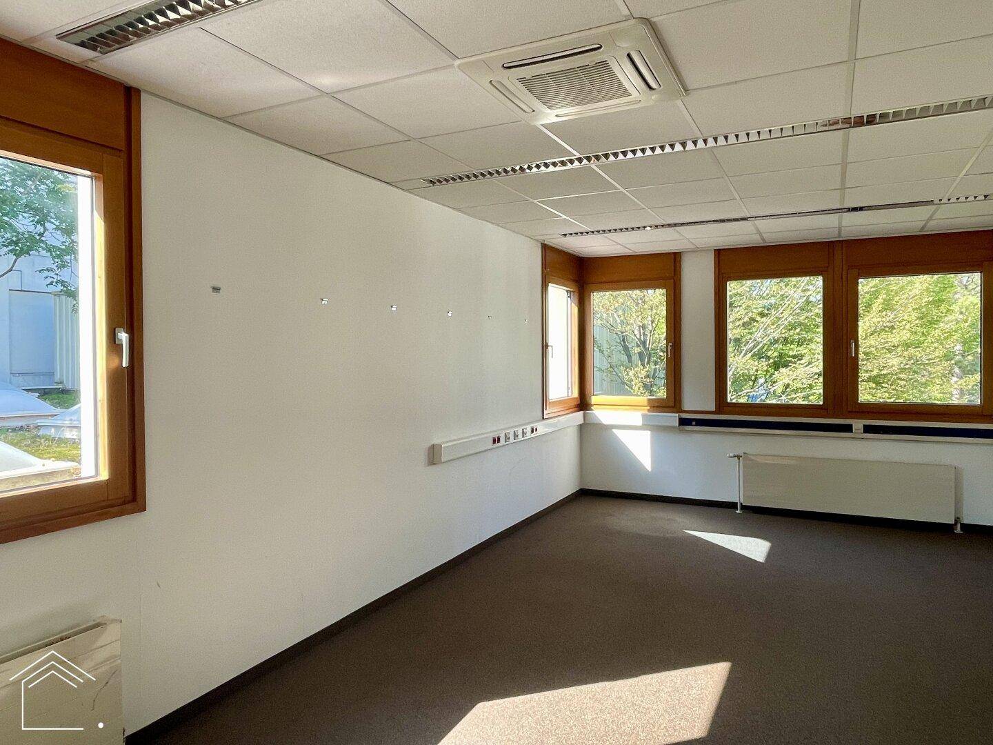 Büro mit Teppichboden, großen Fenstern und Blick ins Grüne, ausgestattet mit Klimaanlage.