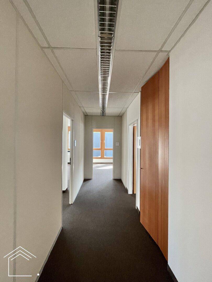 Langer Flur mit Teppichboden und Holztüren, führt zu weiteren Büroräumen.