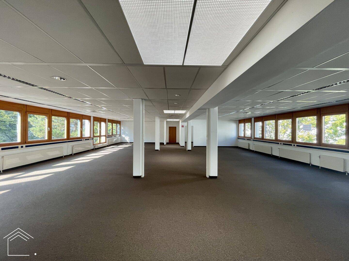Großes, offenes Büro mit Teppichboden, vielen Fenstern und Säulen, bereit zur individuellen Gestaltung.
