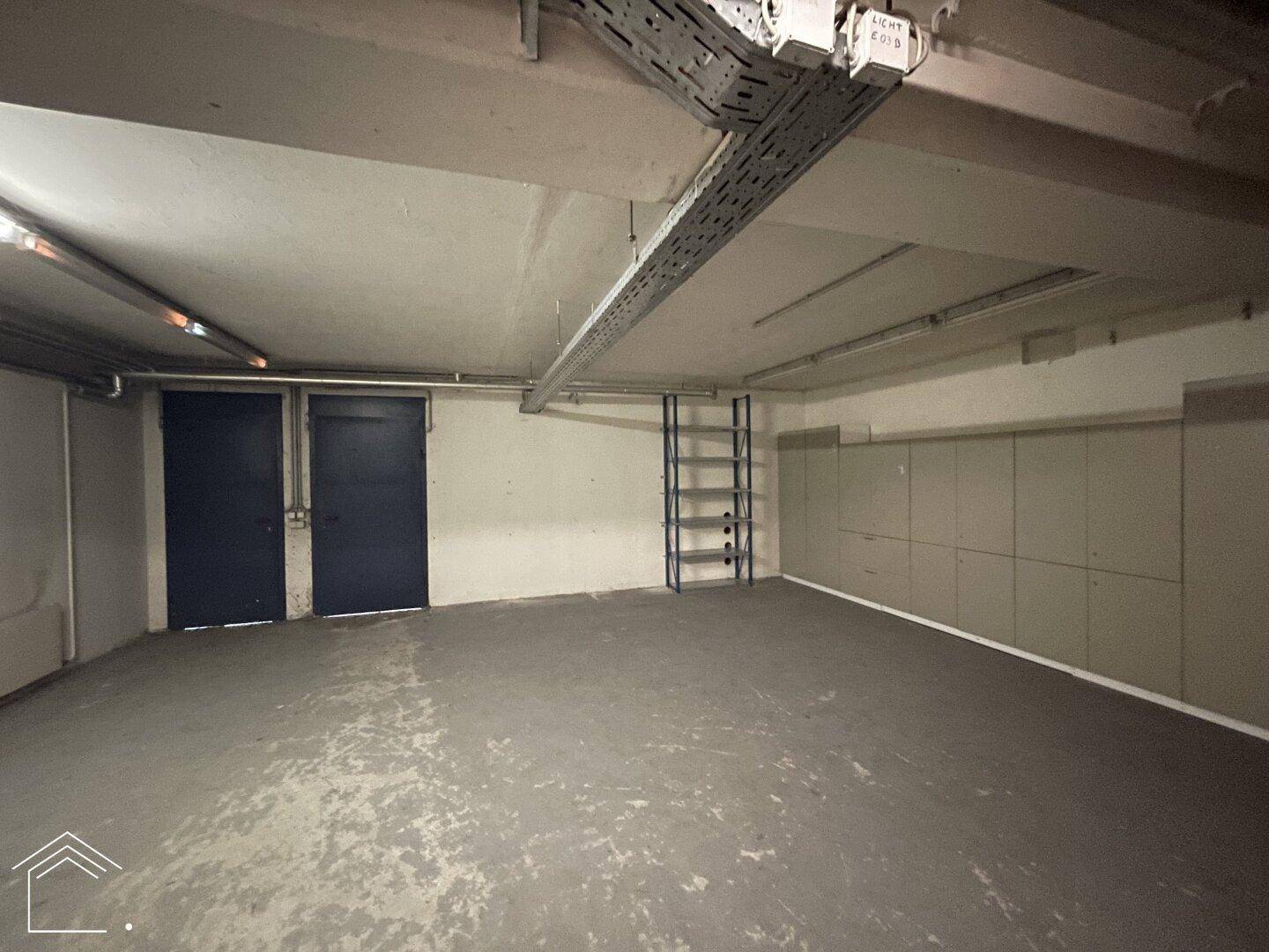 Geräumiger Kellerraum mit Betonboden und Regalen, ideal für Lagerzwecke.