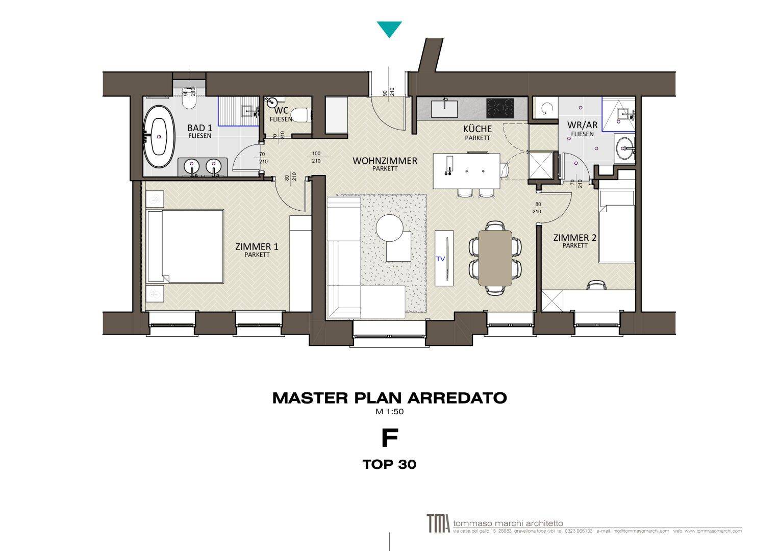 Detaillierter Grundriss einer Wohnung mit zwei Schlafzimmern und offenem Wohnbereich.