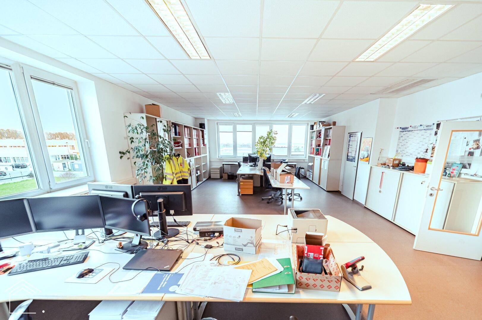 Großes Großraumbüro mit mehreren Arbeitsplätzen, Fenstern und viel Tageslicht.