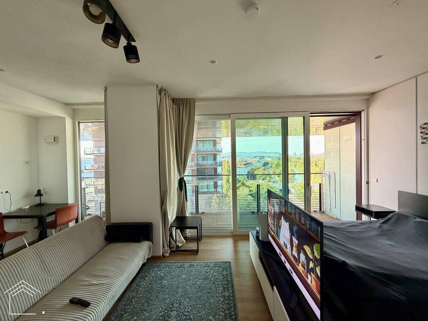 Kombinierter Wohn- und Schlafbereich mit Sofa, Fernseher und großen Fenstern für viel Tageslicht.