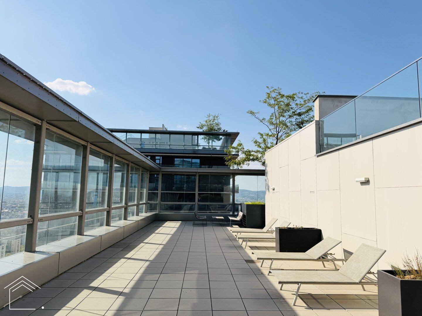 Großzügige Gemeinschaftsterrasse mit Sonnenliegen und Glasgeländer, bietet einen weiten Panoramablick.
